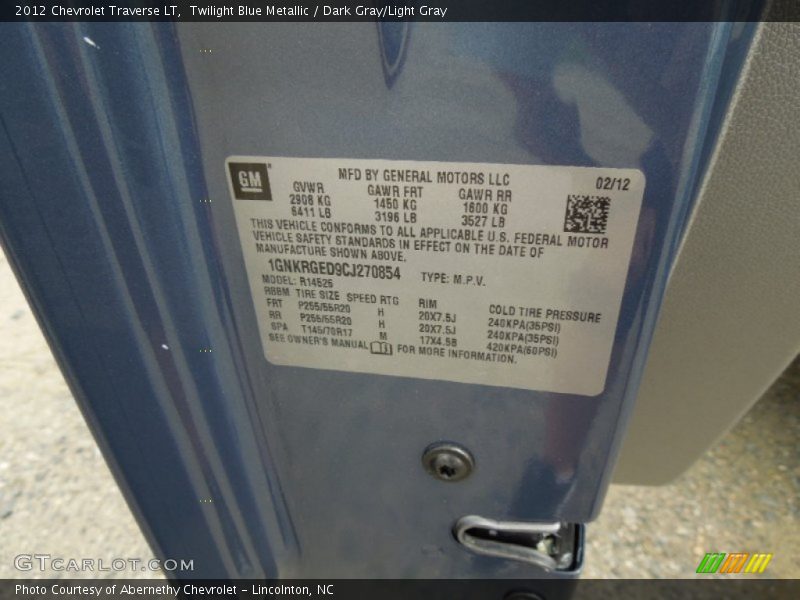 Twilight Blue Metallic / Dark Gray/Light Gray 2012 Chevrolet Traverse LT