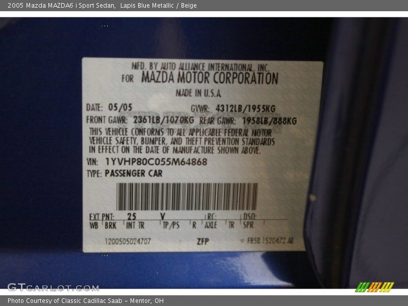 2005 MAZDA6 i Sport Sedan Lapis Blue Metallic Color Code 25V