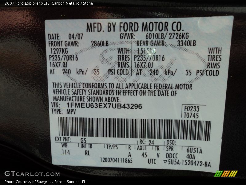 2007 Explorer XLT Carbon Metallic Color Code G5