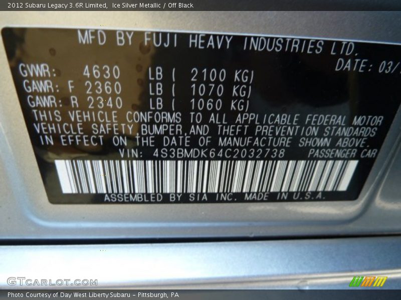 Ice Silver Metallic / Off Black 2012 Subaru Legacy 3.6R Limited