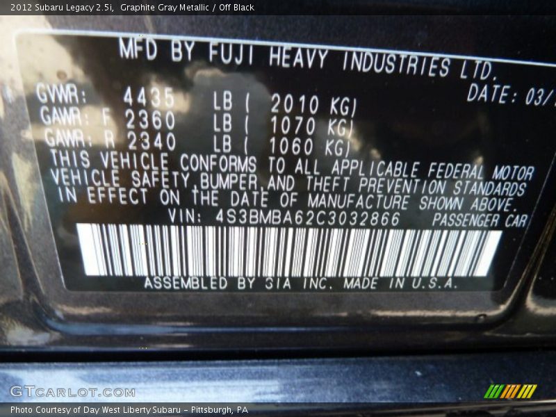 Graphite Gray Metallic / Off Black 2012 Subaru Legacy 2.5i