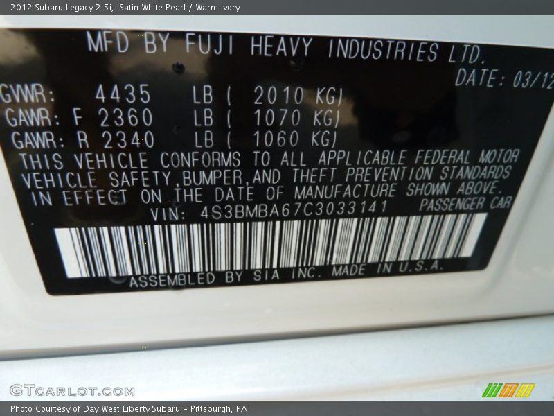 Satin White Pearl / Warm Ivory 2012 Subaru Legacy 2.5i