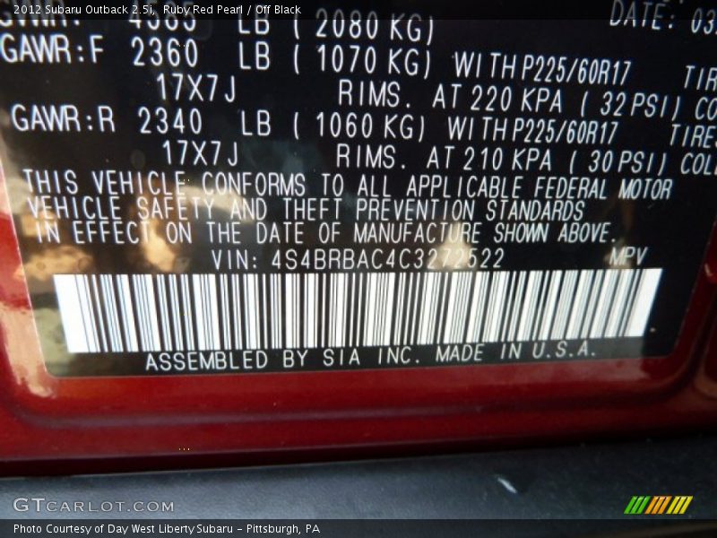 Ruby Red Pearl / Off Black 2012 Subaru Outback 2.5i