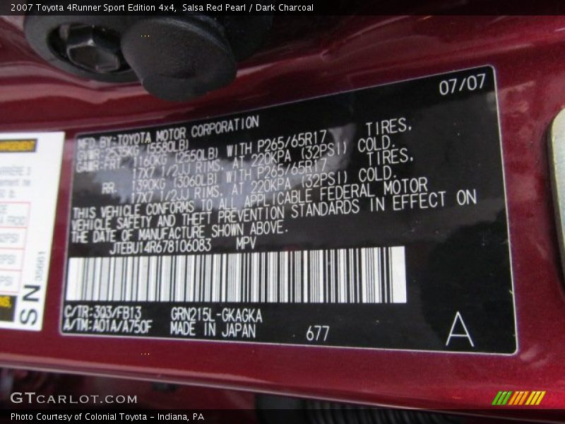 2007 4Runner Sport Edition 4x4 Salsa Red Pearl Color Code 3Q3