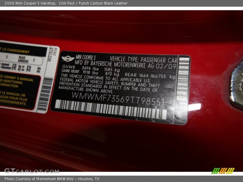 Chili Red / Punch Carbon Black Leather 2009 Mini Cooper S Hardtop