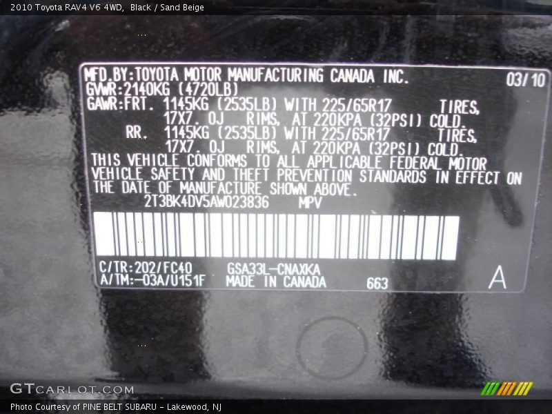 2010 RAV4 V6 4WD Black Color Code 202