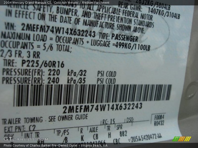 2004 Grand Marquis GS Gold Ash Metallic Color Code C2