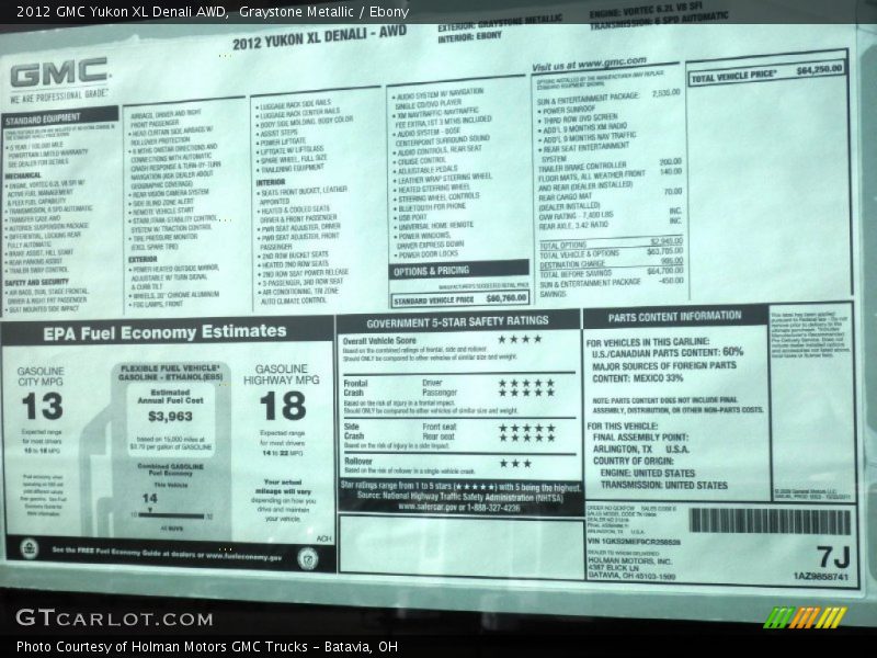  2012 Yukon XL Denali AWD Window Sticker