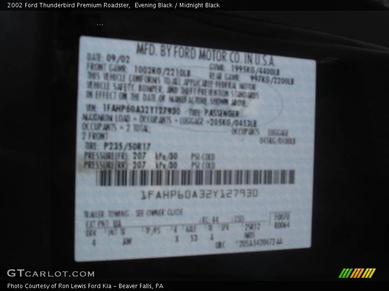 Evening Black / Midnight Black 2002 Ford Thunderbird Premium Roadster