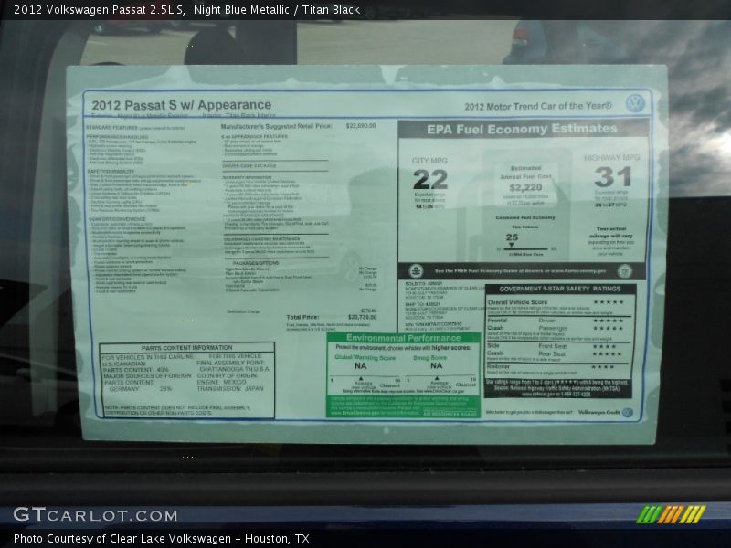 Night Blue Metallic / Titan Black 2012 Volkswagen Passat 2.5L S