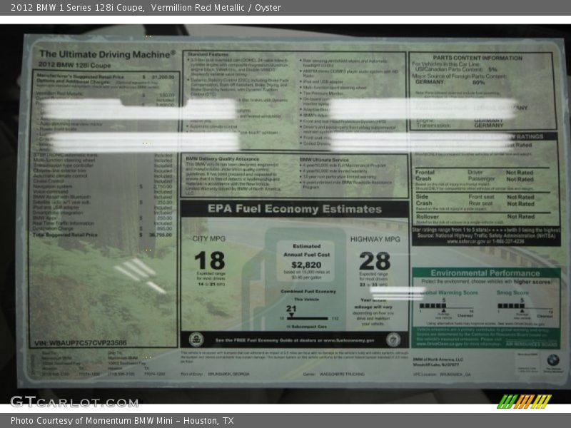  2012 1 Series 128i Coupe Window Sticker