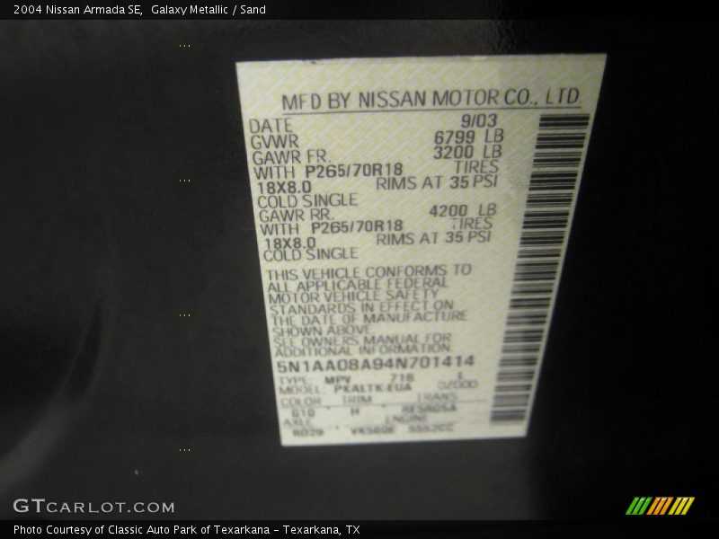 Galaxy Metallic / Sand 2004 Nissan Armada SE