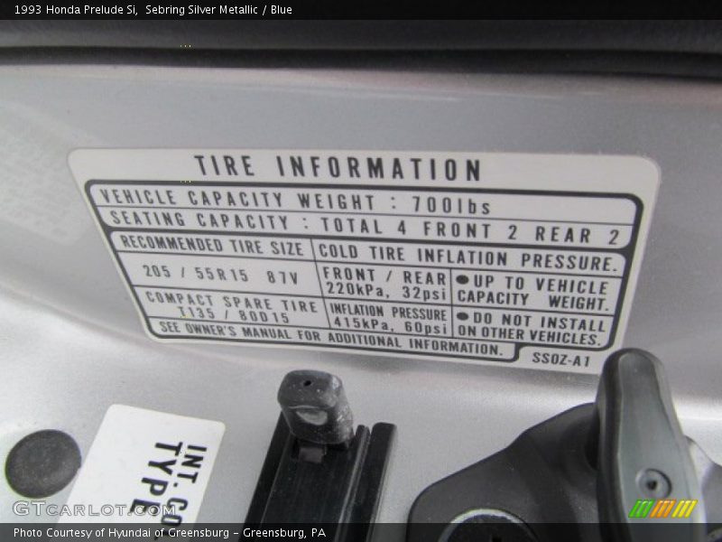 Info Tag of 1993 Prelude Si