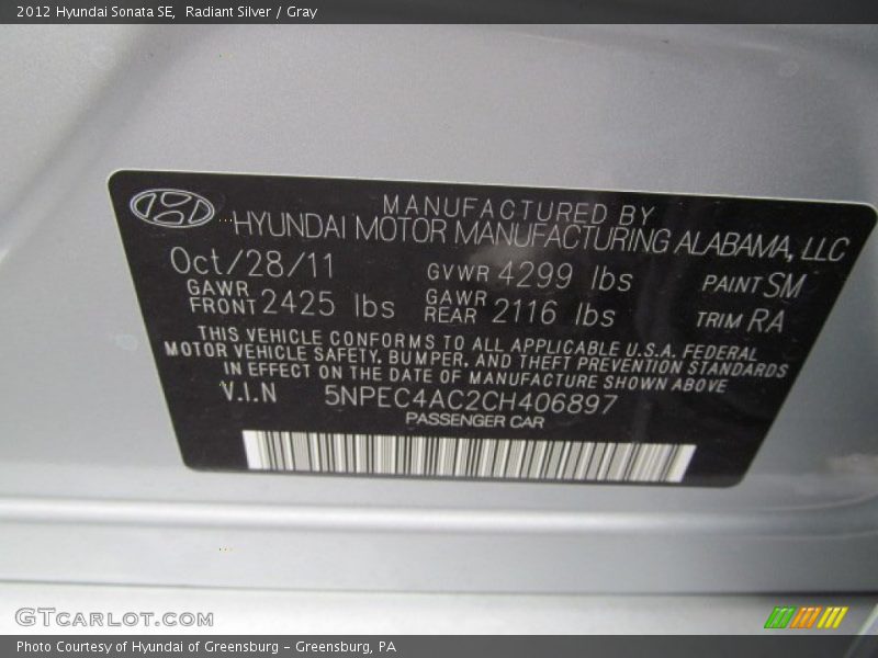 Radiant Silver / Gray 2012 Hyundai Sonata SE