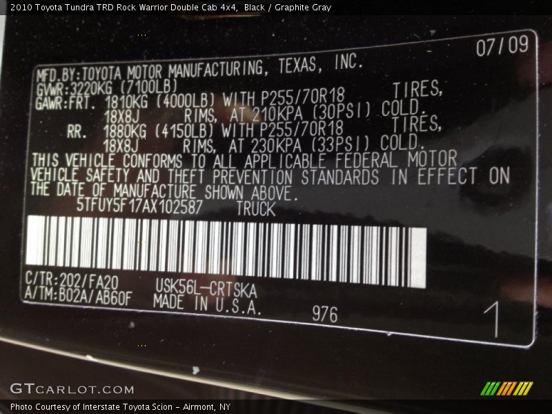 2010 Tundra TRD Rock Warrior Double Cab 4x4 Black Color Code 202