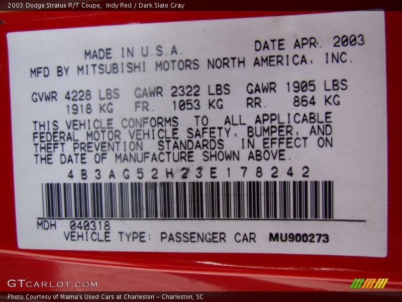 Indy Red / Dark Slate Gray 2003 Dodge Stratus R/T Coupe