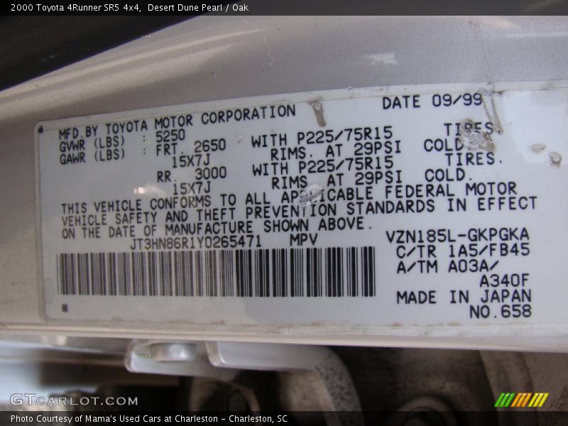 2000 4Runner SR5 4x4 Desert Dune Pearl Color Code 1A5