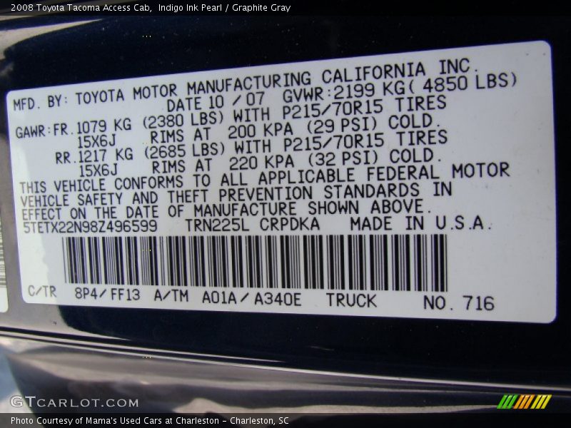 Indigo Ink Pearl / Graphite Gray 2008 Toyota Tacoma Access Cab