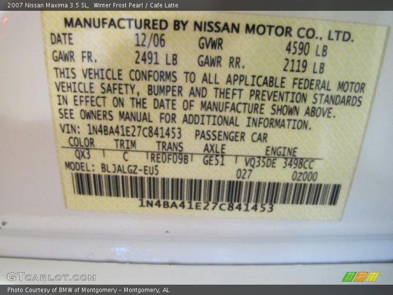 2007 Maxima 3.5 SL Winter Frost Pearl Color Code QX3