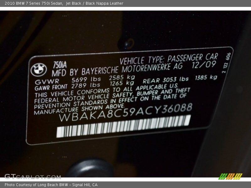 Jet Black / Black Nappa Leather 2010 BMW 7 Series 750i Sedan
