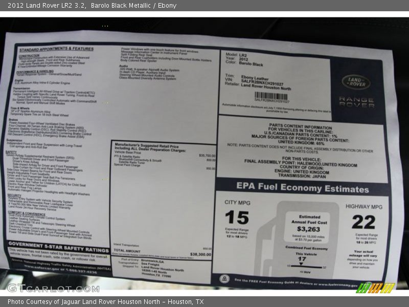  2012 LR2 3.2 Window Sticker
