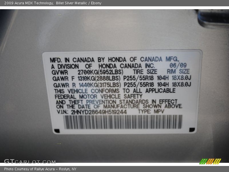 Billet Silver Metallic / Ebony 2009 Acura MDX Technology