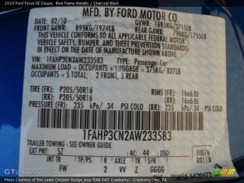 2010 Focus SE Coupe Blue Flame Metallic Color Code SZ