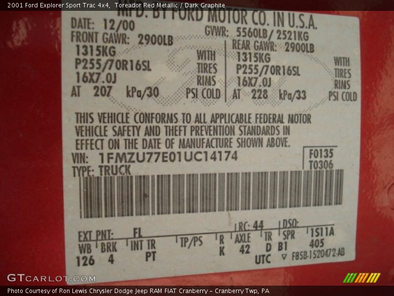Toreador Red Metallic / Dark Graphite 2001 Ford Explorer Sport Trac 4x4