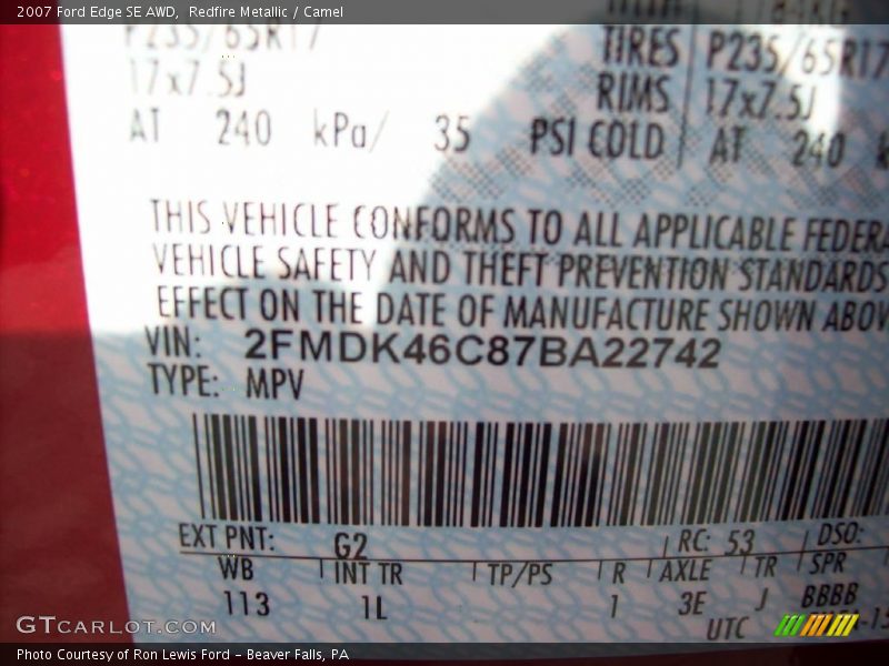 2007 Edge SE AWD Redfire Metallic Color Code G2