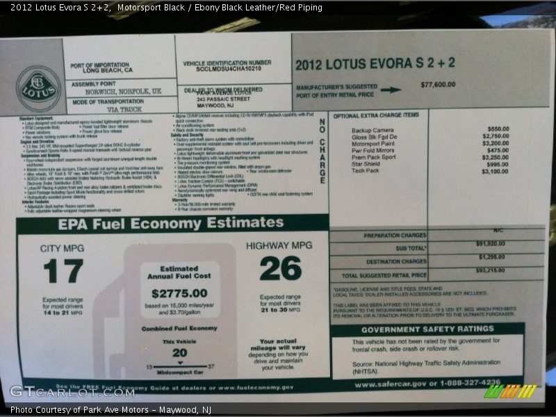  2012 Evora S 2+2 Window Sticker