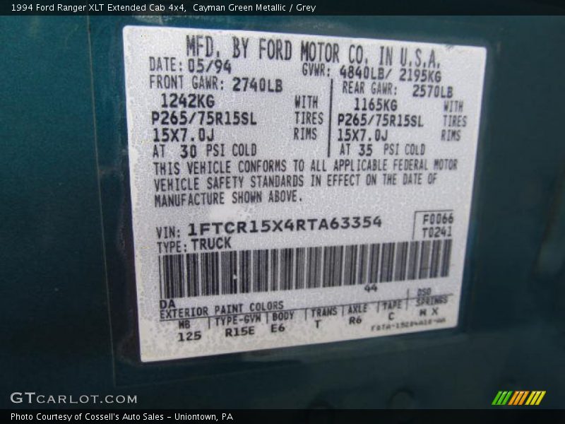 Cayman Green Metallic / Grey 1994 Ford Ranger XLT Extended Cab 4x4