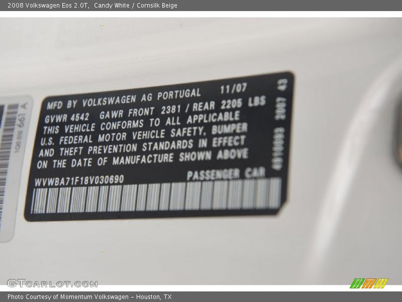 Candy White / Cornsilk Beige 2008 Volkswagen Eos 2.0T
