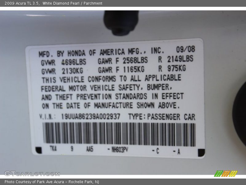 2009 TL 3.5 White Diamond Pearl Color Code NH603PV