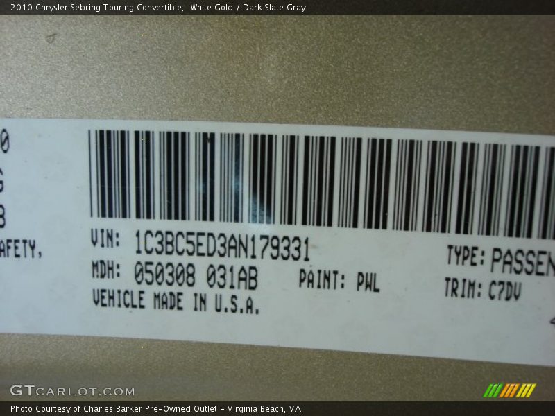 2010 Sebring Touring Convertible White Gold Color Code PWL