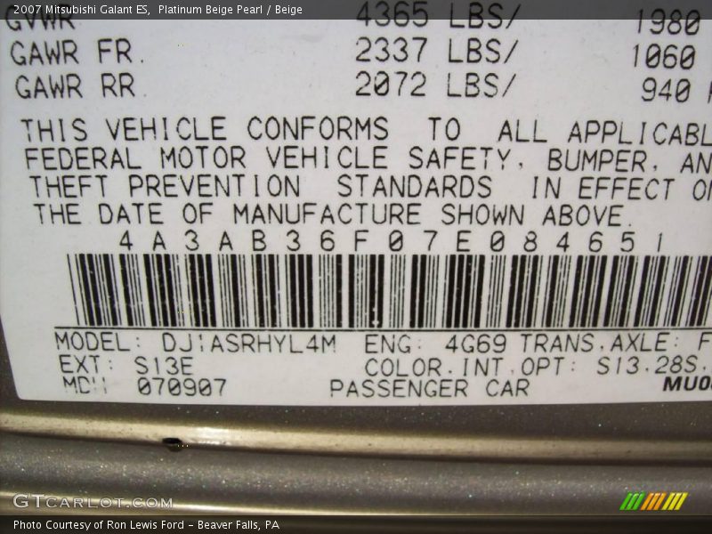 Platinum Beige Pearl / Beige 2007 Mitsubishi Galant ES
