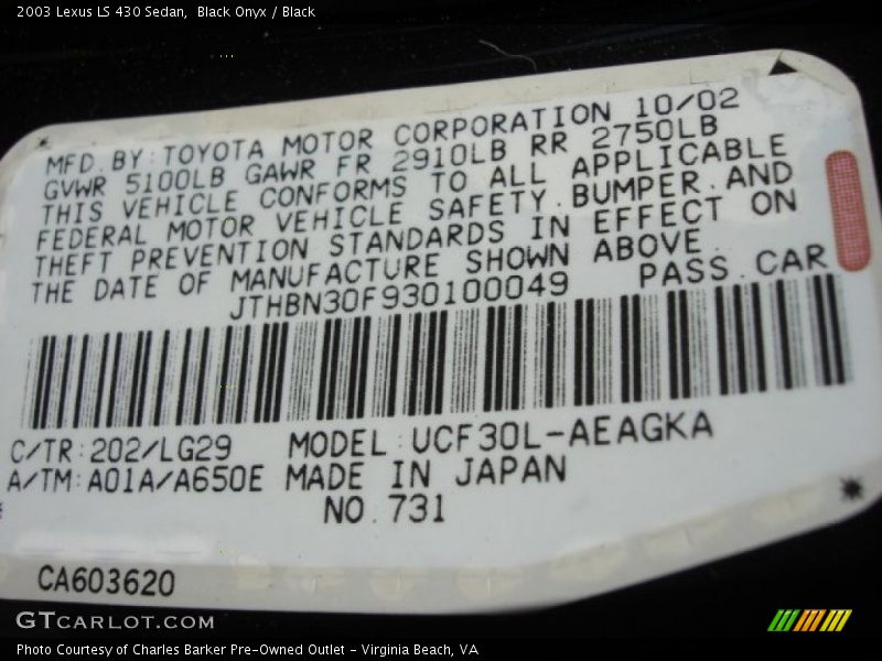 Black Onyx / Black 2003 Lexus LS 430 Sedan