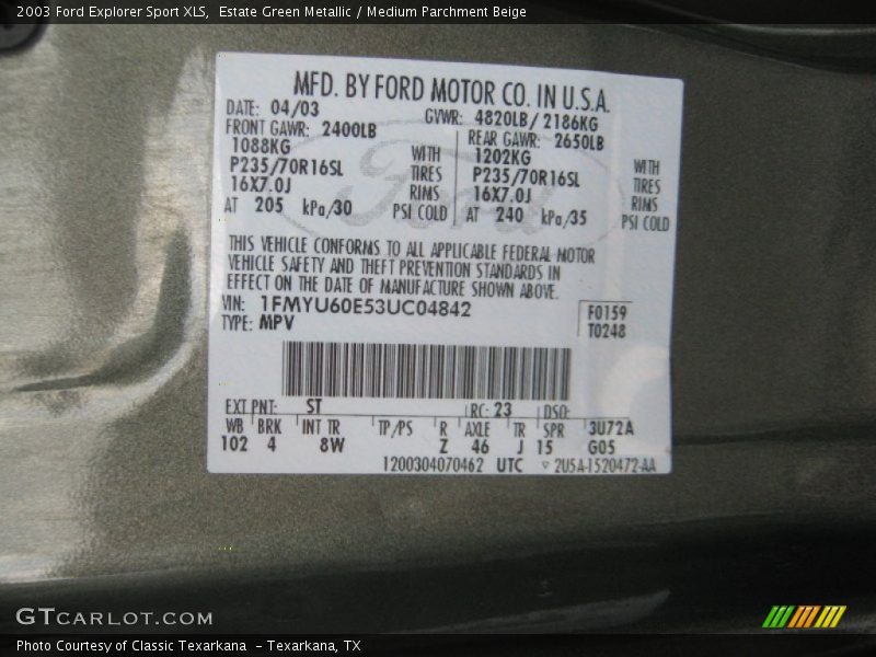 2003 Explorer Sport XLS Estate Green Metallic Color Code ST