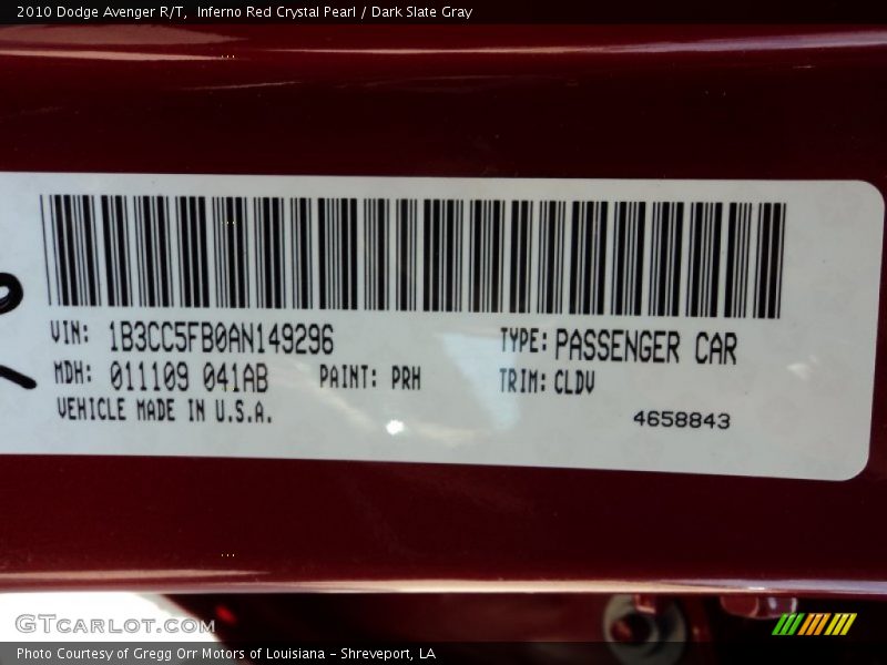 2010 Avenger R/T Inferno Red Crystal Pearl Color Code PRH