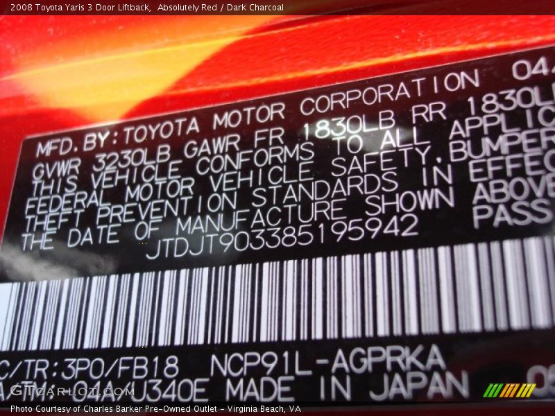 Absolutely Red / Dark Charcoal 2008 Toyota Yaris 3 Door Liftback