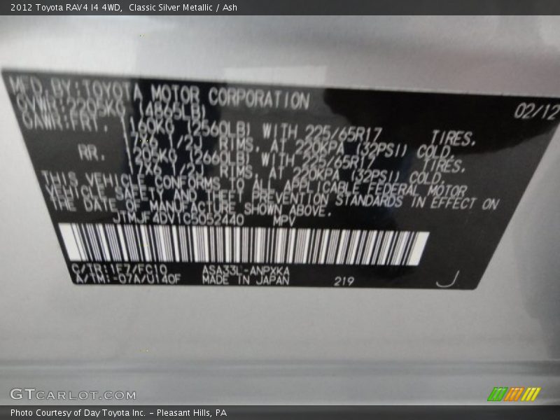 2012 RAV4 I4 4WD Classic Silver Metallic Color Code 1F7