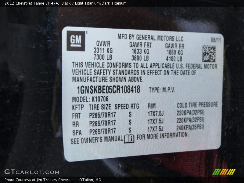 Black / Light Titanium/Dark Titanium 2012 Chevrolet Tahoe LT 4x4