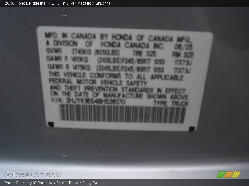 Billet Silver Metallic / Graphite 2006 Honda Ridgeline RTL