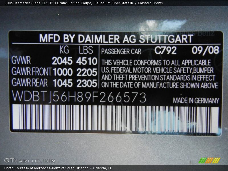 2009 CLK 350 Grand Edition Coupe Palladium Silver Metallic Color Code 792