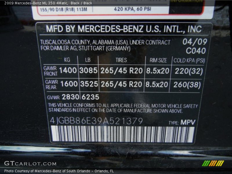 Black / Black 2009 Mercedes-Benz ML 350 4Matic