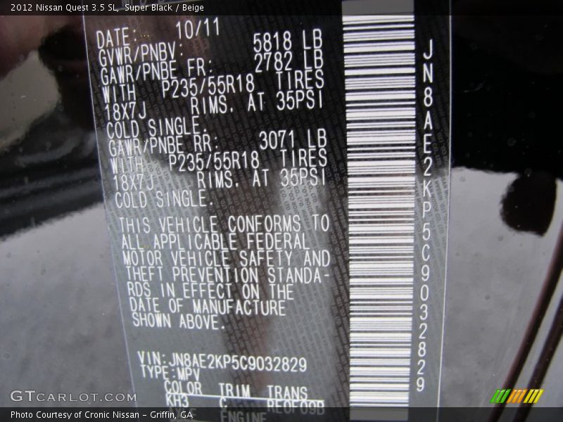 2012 Quest 3.5 SL Super Black Color Code KH3