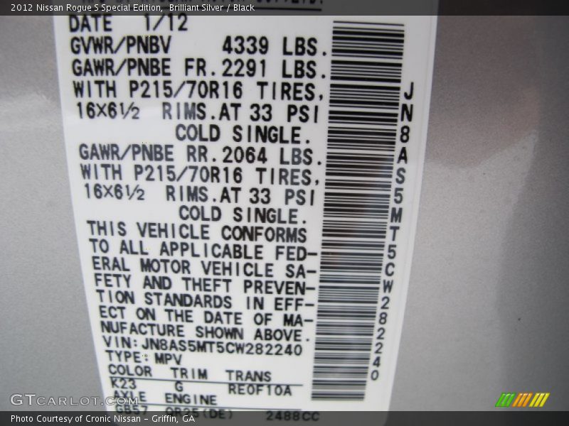 Brilliant Silver / Black 2012 Nissan Rogue S Special Edition