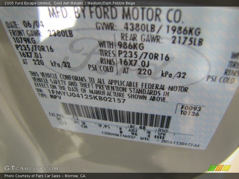 Gold Ash Metallic / Medium/Dark Pebble Beige 2005 Ford Escape Limited