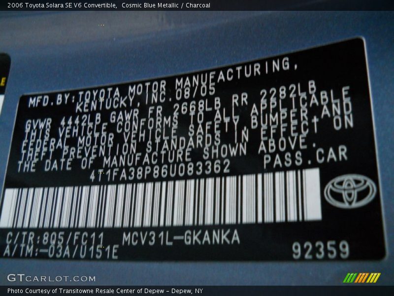 2006 Solara SE V6 Convertible Cosmic Blue Metallic Color Code 8Q5