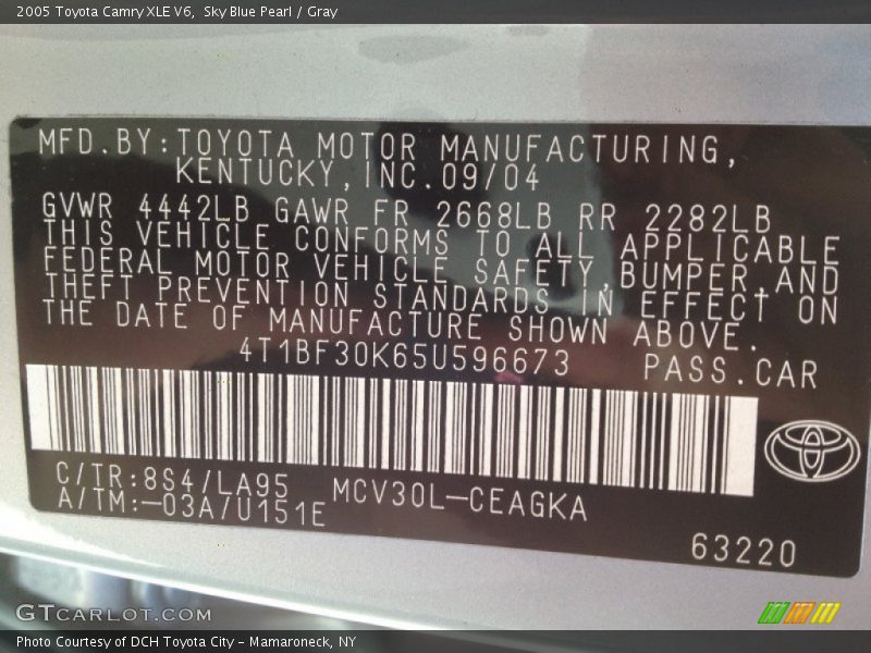 2005 Camry XLE V6 Sky Blue Pearl Color Code 8S4