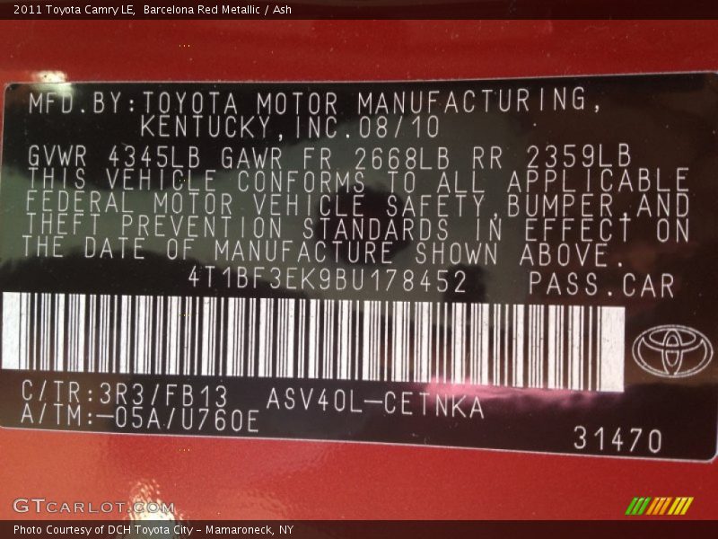 Barcelona Red Metallic / Ash 2011 Toyota Camry LE
